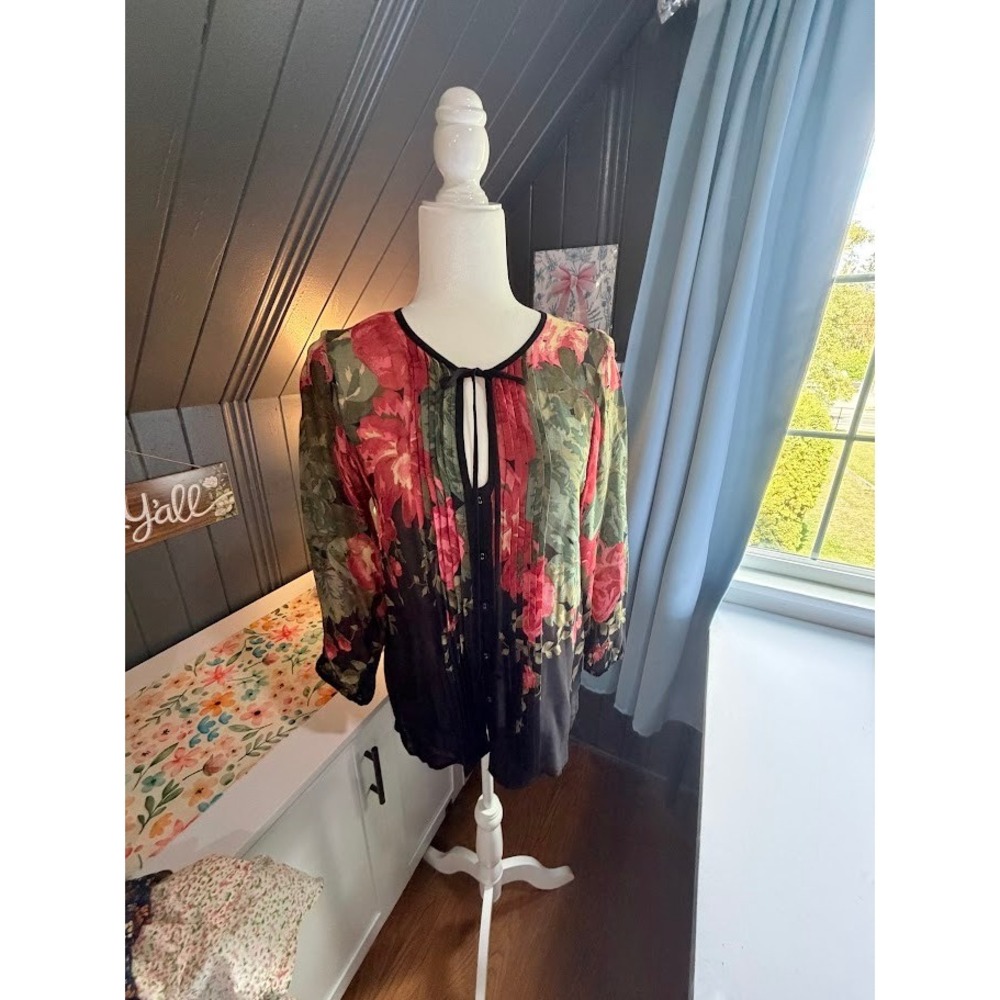 One Fine Day Floral Boho Chic Pintuck Tunic Blouse Red Black - Small